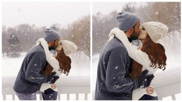 Барыш Ардуч поцеловал Эльчин Сангу на фоне зимы.